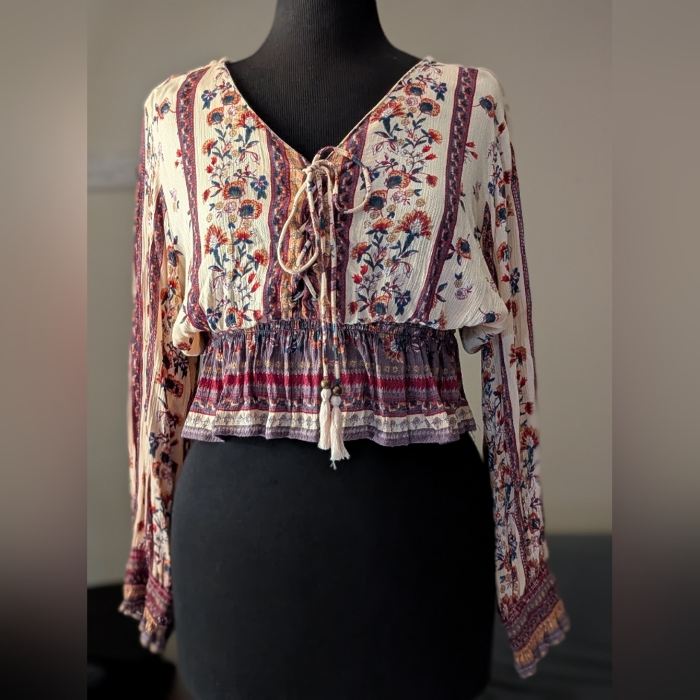 Angie Cream Floral Tie-Neck Peasant Blouse with Burgundy & Navy Accents